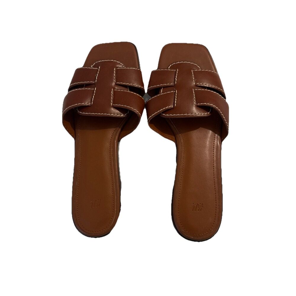 H&M Women's Brown Cut-Out H-Strap Slides Sandals Summer Size 10 Quiet Luxury